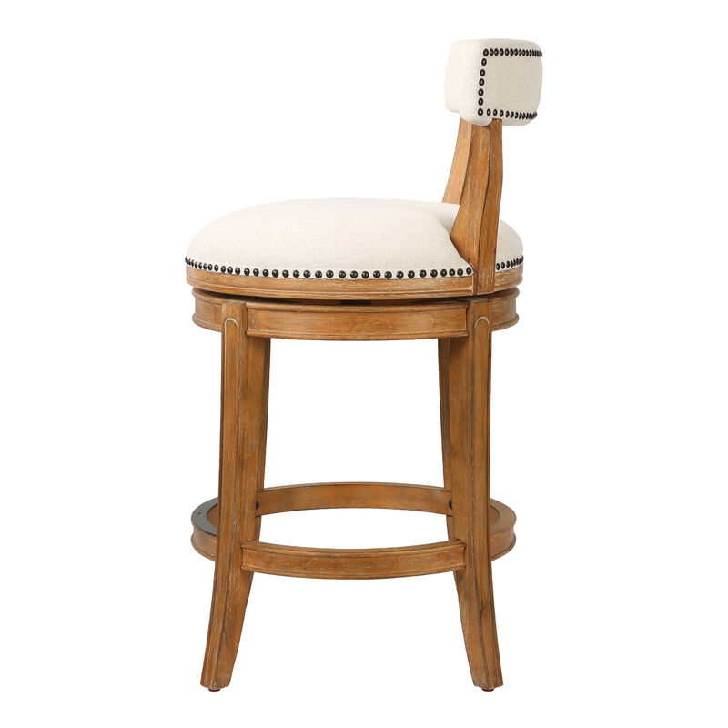 HomeRoots Linen and Brown Fabric and Solid Wood Low Back Counter Height Swivel Bar Chair image number 3