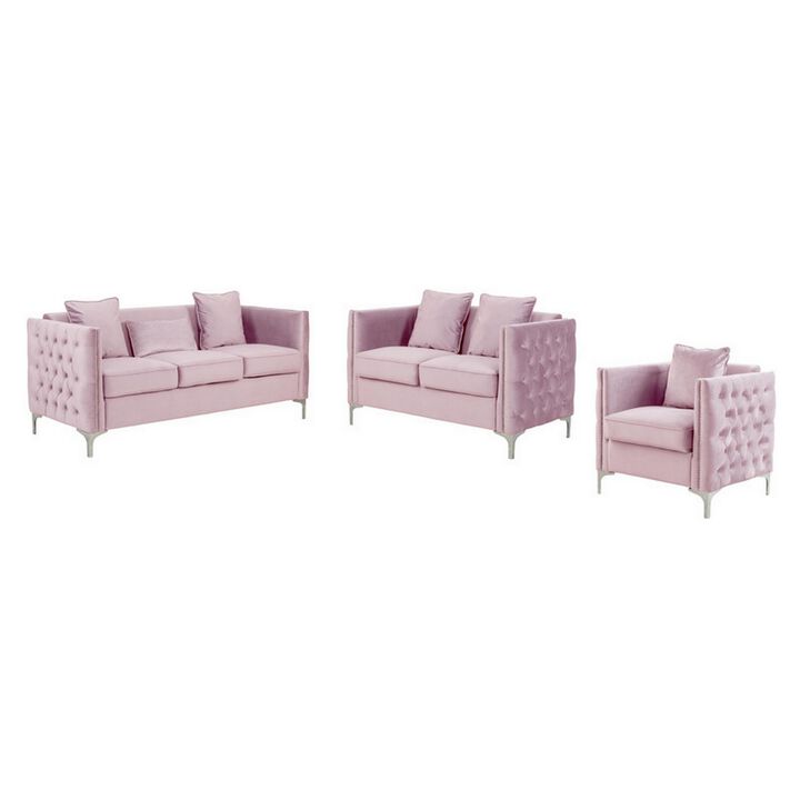 Joel 3 Piece Sofa, Loveseat, and Armchair Living Room Set, Pink Velvet-Benzara