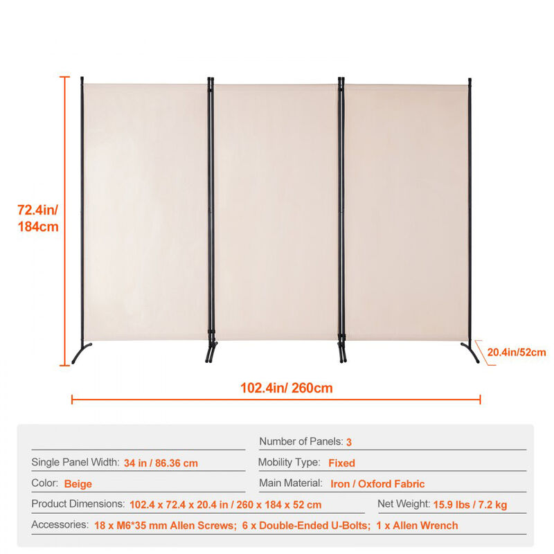 Foldable 3 Panel Room Divider Screen Portable Privacy Partition for Room Separation Office Bedroom-Beige image number 2