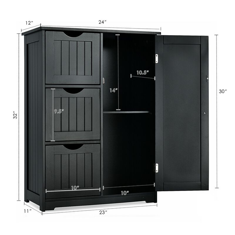 Bathroom Floor Cabinet Side Storage Cabinet with 3 Drawers and 1 Cupboard