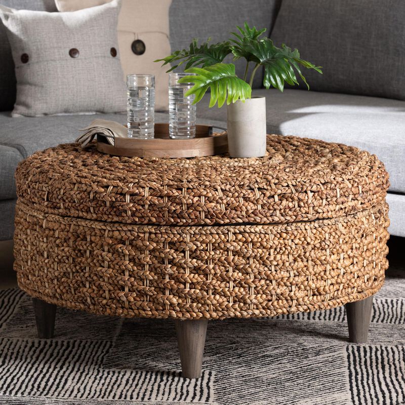 bali & pari Bailey Handwoven Seagrass Storage Ottoman with Lift-Top Lid &ndash; Rustic Wicker Trunk or Footrest with Inner Compartment for Living Room or Entryway, Round image number 1
