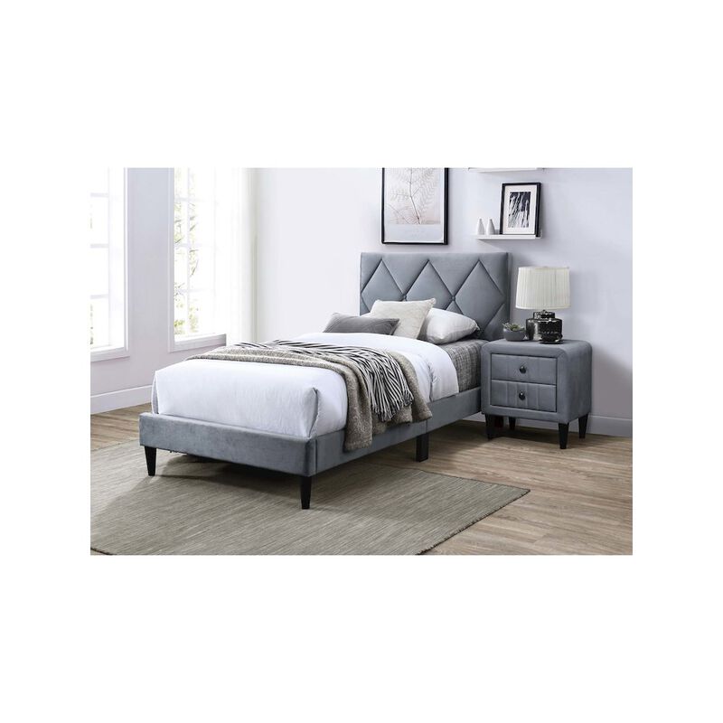 Poundex Adjustable Diamond Tufted Headboard Twin Bed Frame in Gray Velvet