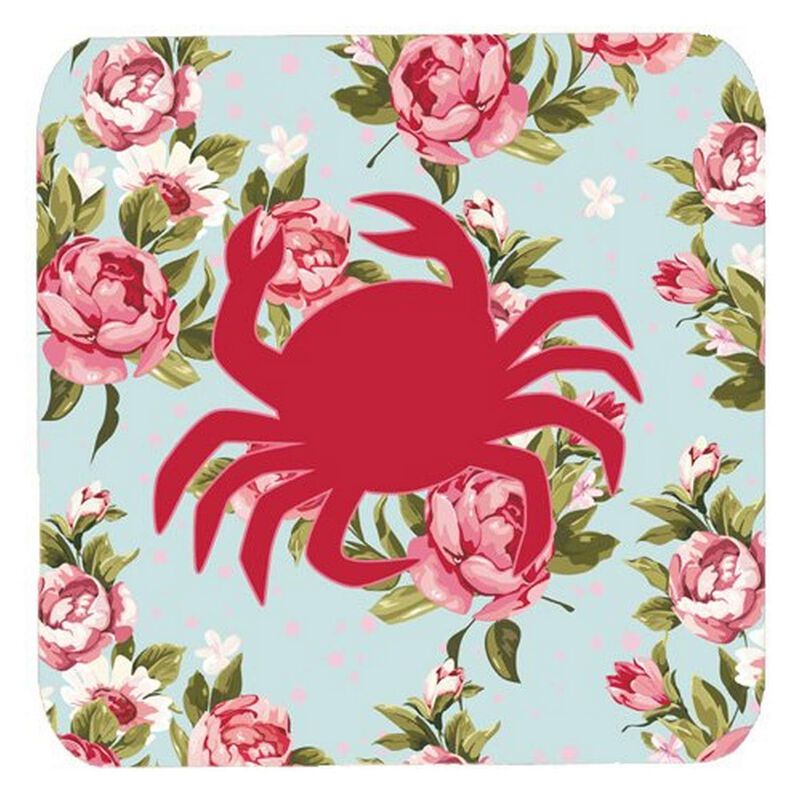 Caroline's Treasures BB1024-RS-BU-FC Crab Shabby Chic Blue Roses Foam Coasters (Set of 4), 3.5 H x 3.5 W, Multicolor