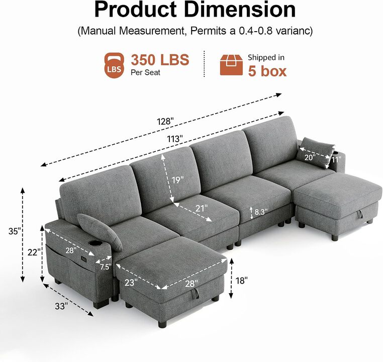 Vipbear 128" Modular Sectional Sofa, Chenille U Shaped Cloud Couch with Ottoman Adjustable Backrest