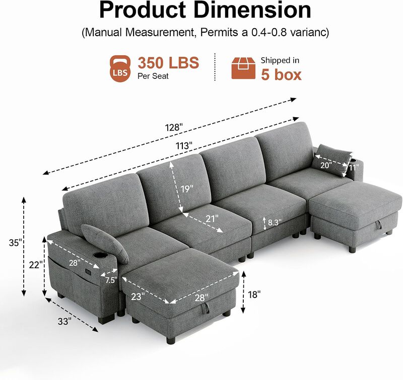 Vipbear 128" Modular Sectional Sofa, Chenille U Shaped Cloud Couch with Ottoman Adjustable Backrest image number 1