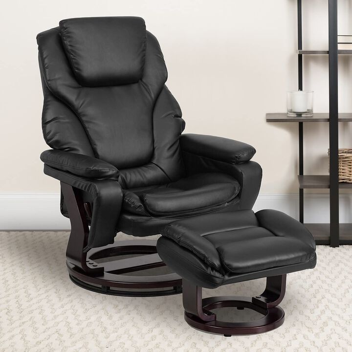 Flash Furniture Austin Contemporary Multi-Position Recliner and Ottoman with Swivel Mahogany Wood Base in Black LeatherSoft