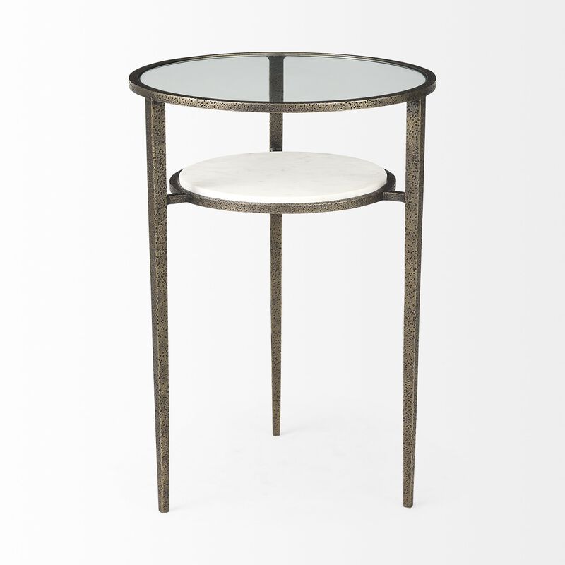 Glass and Metal Round End Table with Lower Shelf, Modern Accent for Living Room