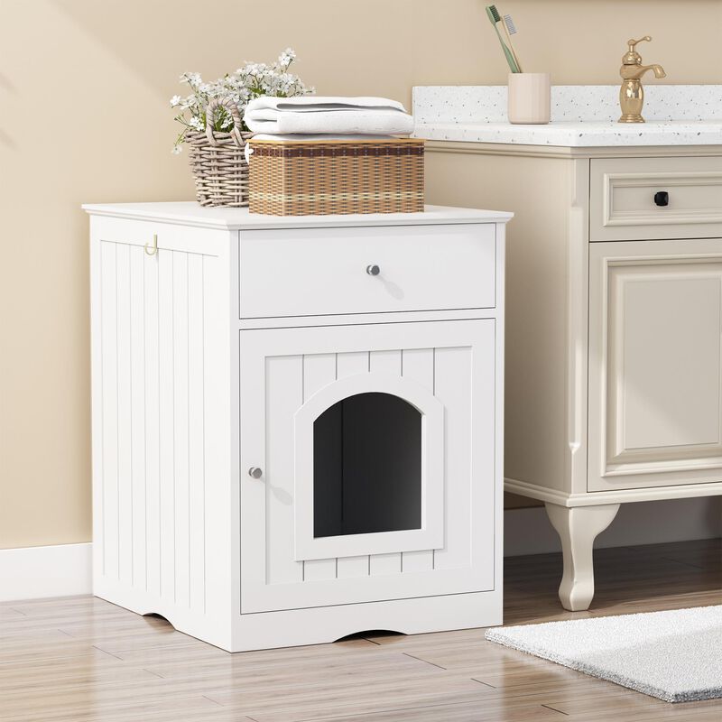 Wooden Cat Litter Box Enclosure with Drawer and Side Table Design