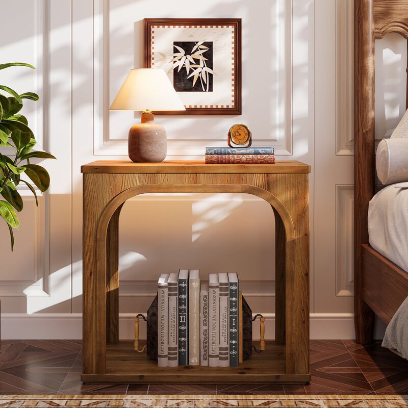 2-Tier Solid Wood Farmhouse End Table with Shelf for Living Room - Rustic Brown image number 4