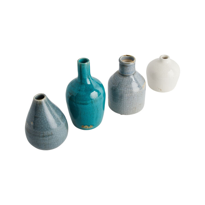 Round Stoneware Vases, Blue and Ivory, Set of 4