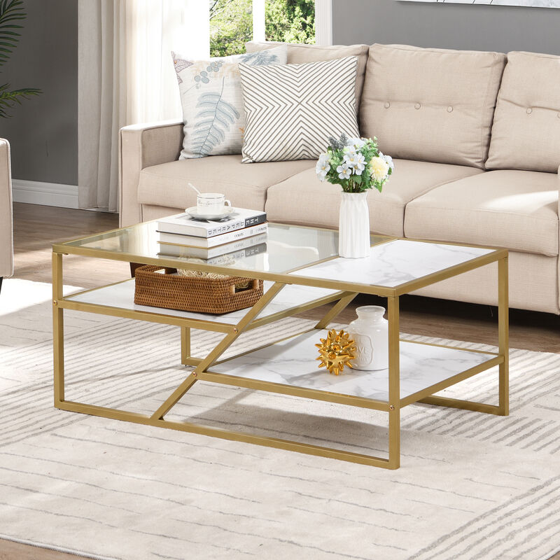 Golden Coffee Table with Storage Shelf, Tempered Glass Coffee Table with Metal Frame for Living Room Bedroom