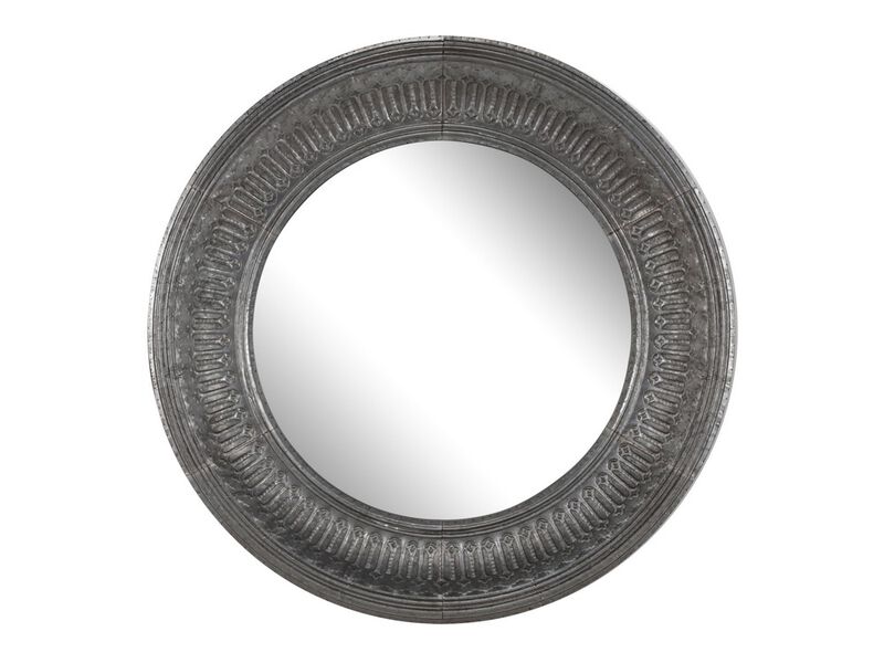 Round Wall Mirror with Thick Embossed Metal Border, Antique Gray - Benzara