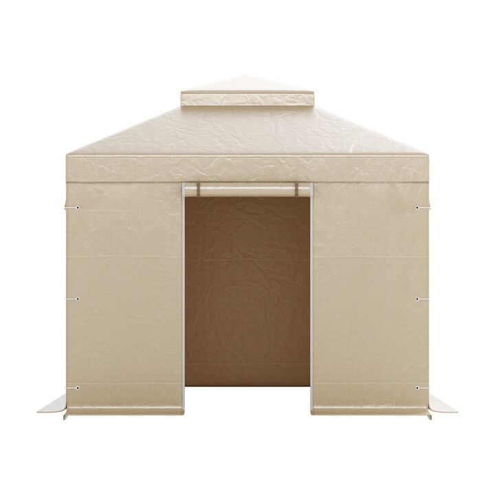 PE Gazebo Winter Cover with Sidewalls, Double-Tier Roof & Mesh Window Enclosure-Beige