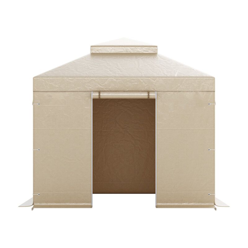 PE Gazebo Winter Cover with Sidewalls, Double-Tier Roof & Mesh Window Enclosure-Beige image number 0
