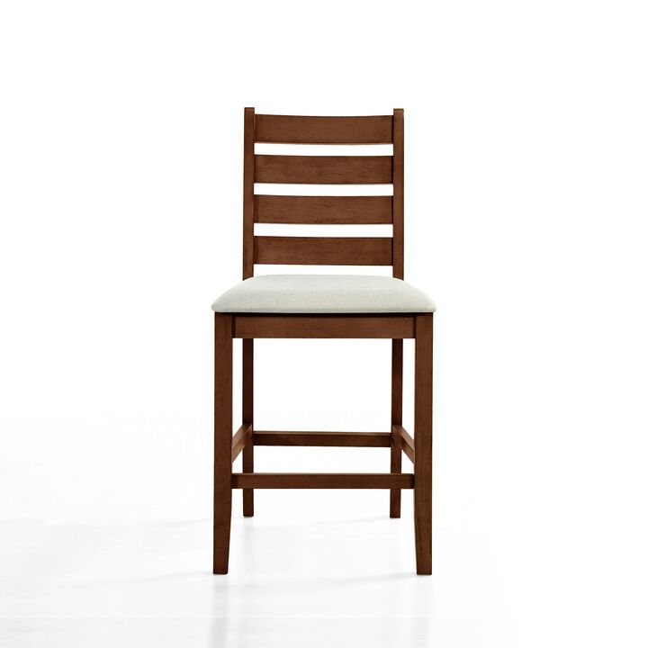 Accai Counter Height Chair Set of 2, Beige Polyester, Brown Rubberwood