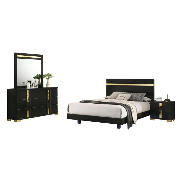 Yoki 4pc Queen Bedroom Set w Underbed LED, Black Wood and Gold Accents