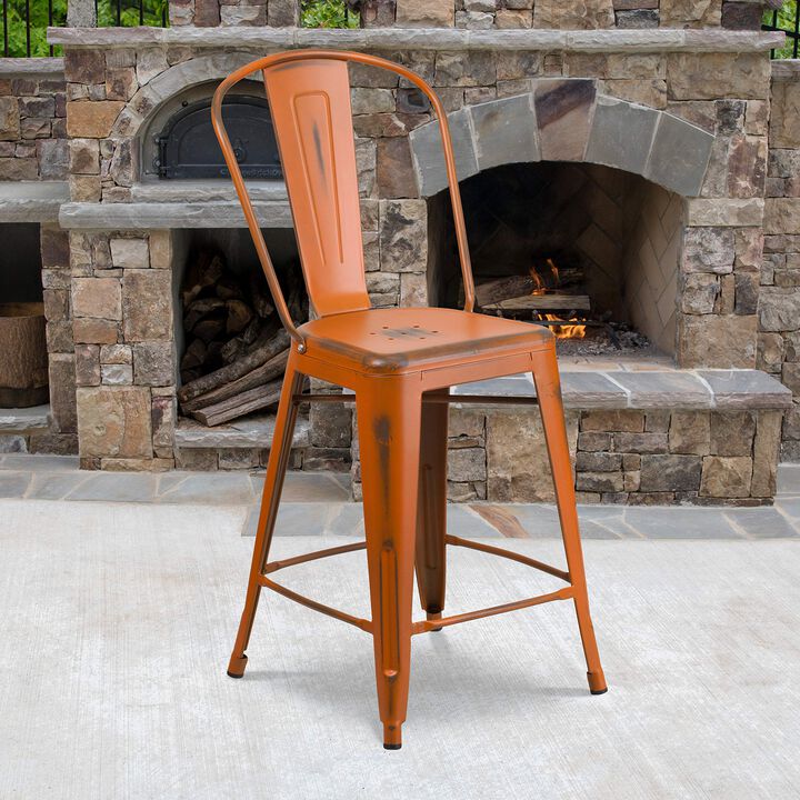 Flash Furniture Carly Commercial Grade 24" High Distressed Orange Metal Indoor-Outdoor Counter Height Stool with Back