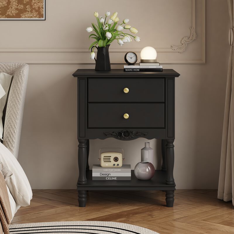 FUFU&GAGA 2-Drawer Nightstand with Metal Handles and Black Finish (19.7" W x 16.9" D x 25.2" H), Black