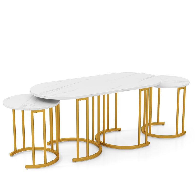 Nesting Coffee Table Set of 3 with Faux Marble Tabletop and Powder-coated Gold Metal Frame image number 0