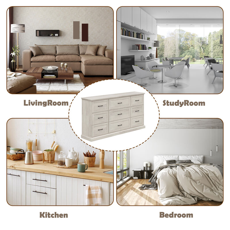 FUFU&GAGA 9-Drawer Dresser, Large Wooden Storage Chest with Black Metal Handles, for Bedroom & Living Room,(70.9" W x 37" H x 15.7" D),Rustic White