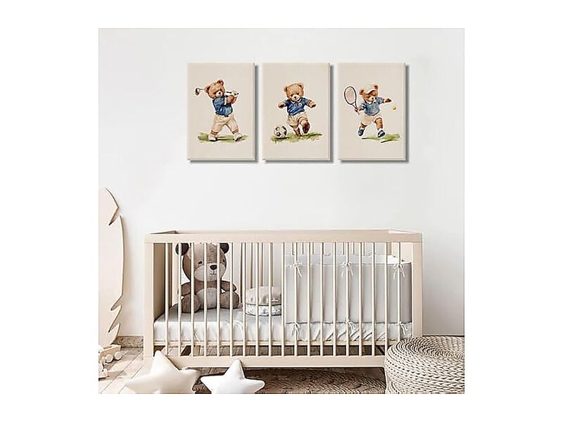Watercolor Sports Teddy Bear Wall Art Set 3 Golf Soccer Tennis Themed Canvas image number 2