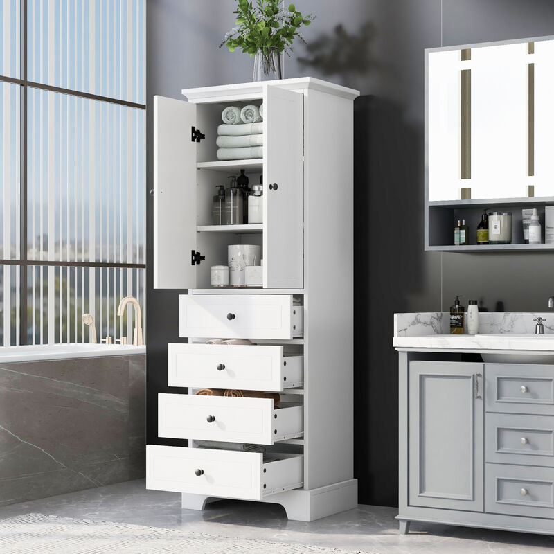 Storage Cabinet with 2 Doors and 4 Drawers for Bathroom, Office, Adjustable Shelf, MDF Board with Painted Finish, White