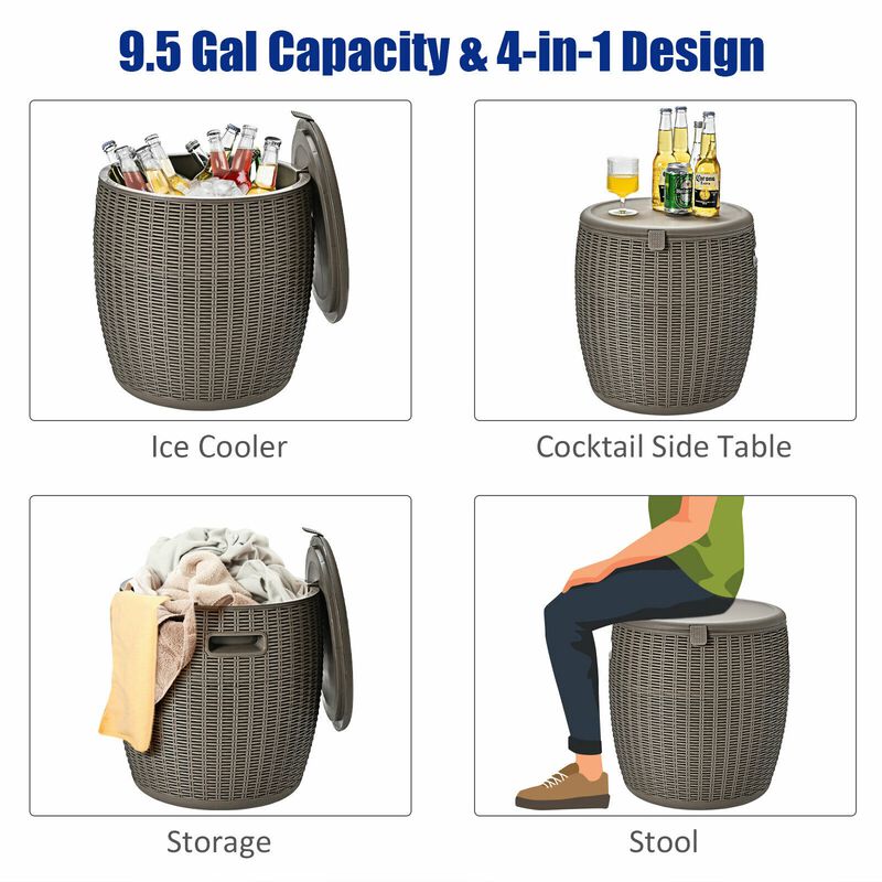 9.5 Gallon 4-in-1 Patio Rattan Cool Bar Cocktail Table Side Table