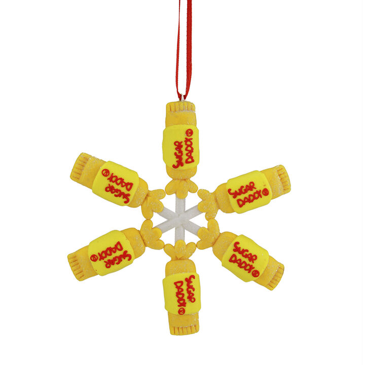 4" Yellow and Red Tootsie Roll Sugar Daddy Lollipop Snowflake Christmas Ornament