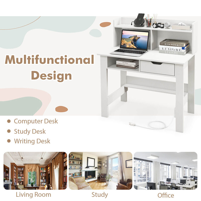 Costway Computer Desk with Power Outlets and USB Ports & Type-C Hutch Open Shelf Drawer