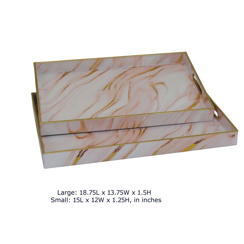Hamza Rectangular Tray, Set of 2, Pink-Gold Marble Finish Polyurethane image number 7