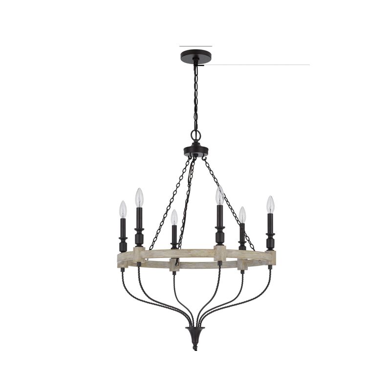Omy 26 Inch Chandelier, Distressed Wood Wheel Candelabra Design, Black - Benzara