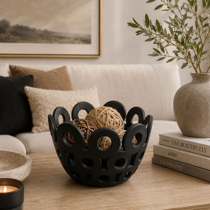 Laura Round Bowl with Circular Cutout Patterns, Black Ceramic 11 Inch image number 8