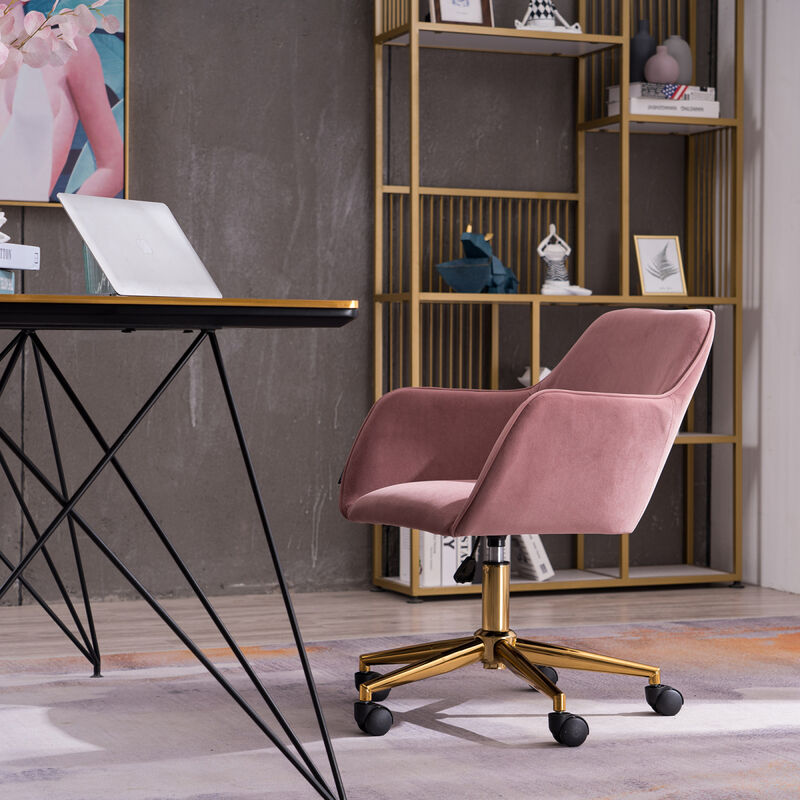 Modern Velvet Fabric Material Adjustable Height 360 revolving Home Office Chair with Gold Metal Legs and Universal Wheels for Indoor, Pink