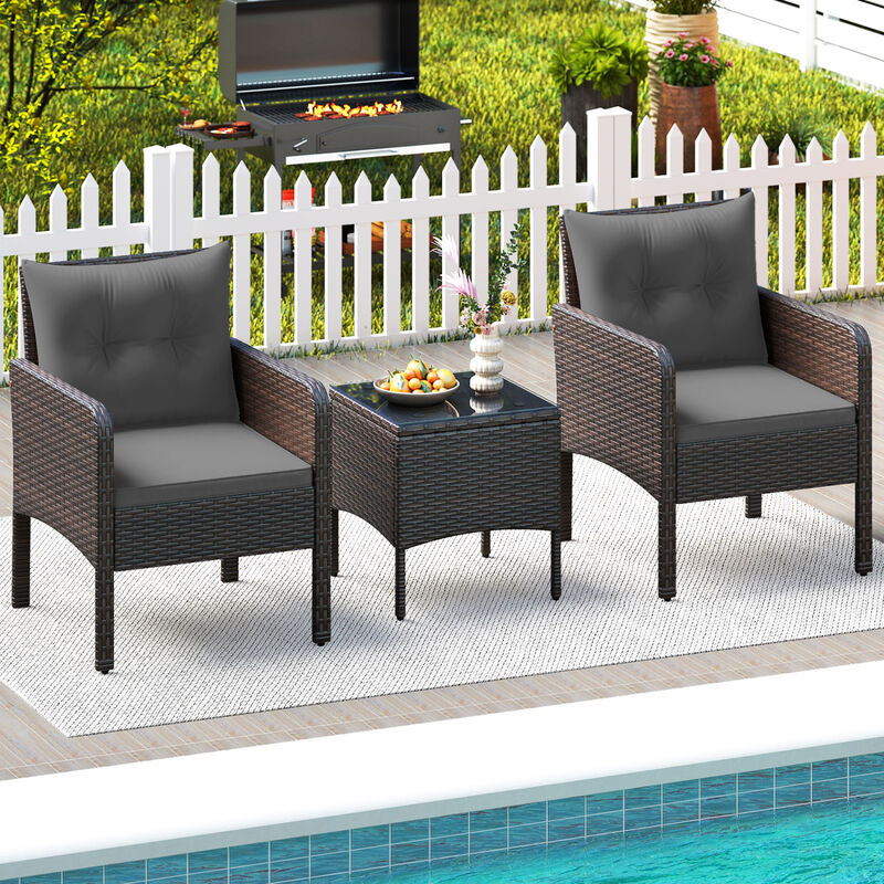 3-Piece Patio Wicker Furniture Set with Cushions for Balcony and Porch image number 7