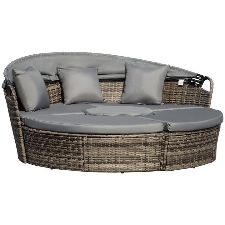 4-Piece Rattan Patio Furniture Set, Round Convertible Daybed or Sunbed with Adjustable Sun Canopy, Sectional Sofa, 2 Chairs, Table, 3 Pillows, Gray