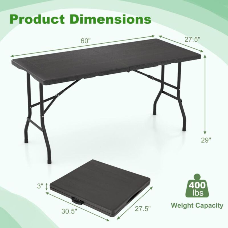 Hivvago 5FT Folding Picnic Table with Wood Grain HDPE Tabletop and  Non-slip Foot Pads