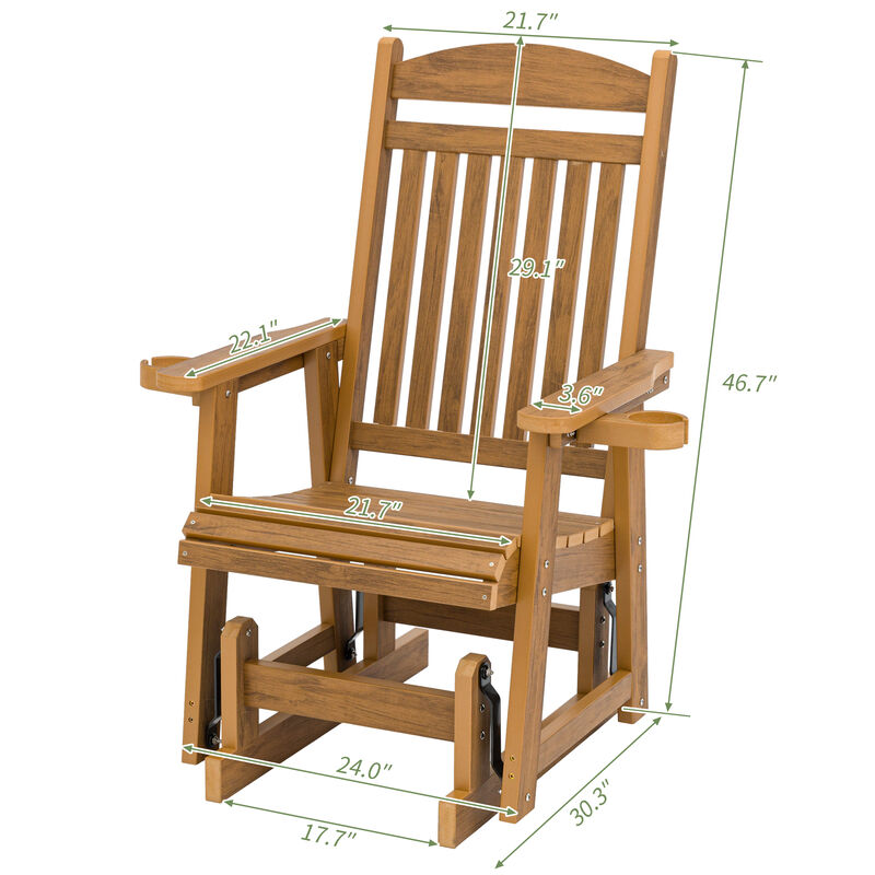 Poly Lumber Patio Glider for One Person, Ergonomic Deep Seat and High Backrest, with Removable Cup Holders, Wood-Like Pattern, Heavy Duty 700 LBS, for Outdoor Patio Garden Yard (Teak)