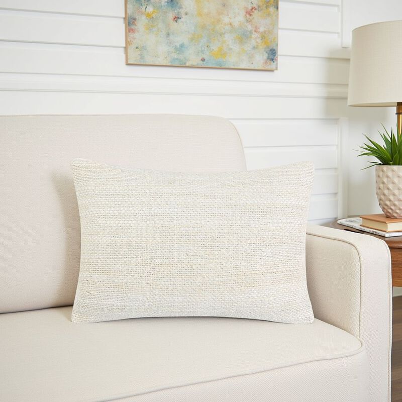 Alty Lumbar Throw Pillow, 14x20 Inch Ivory Woven Jute Design, Feather - Benzara