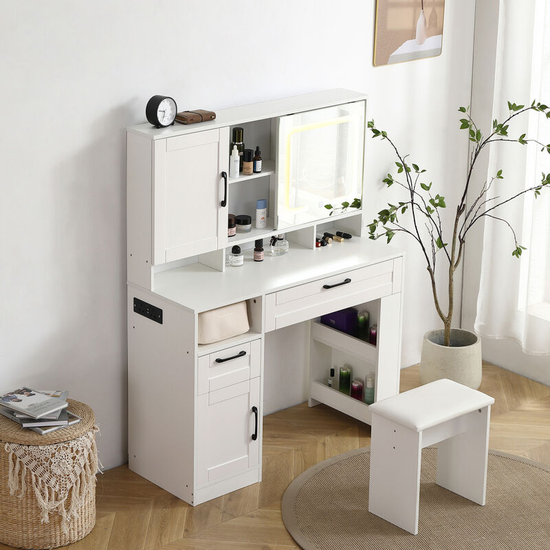 Vanity table with large sliding lighted mirror, dressing table with 2 drawers, storage shelves and upholstered stool, white color