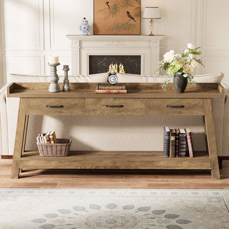 Long Console Table with 3 Drawers, 2-Tier Sofa Table for Entryway & Hallway - Brown image number 7