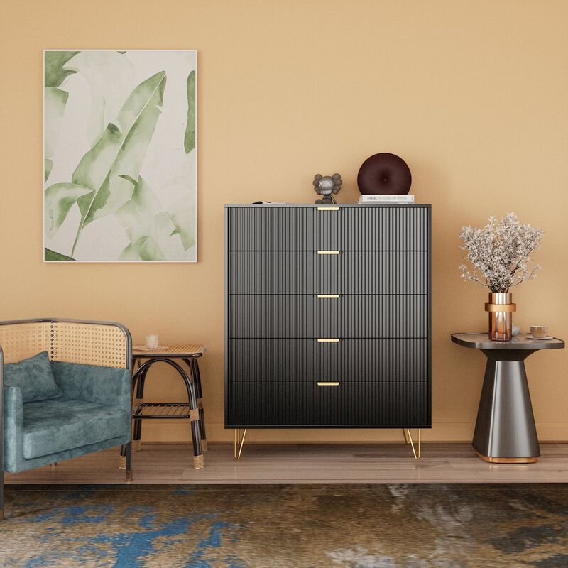 5-Drawer Chest in MDF Wood with Gold Metal Legs and Handles. (Black)