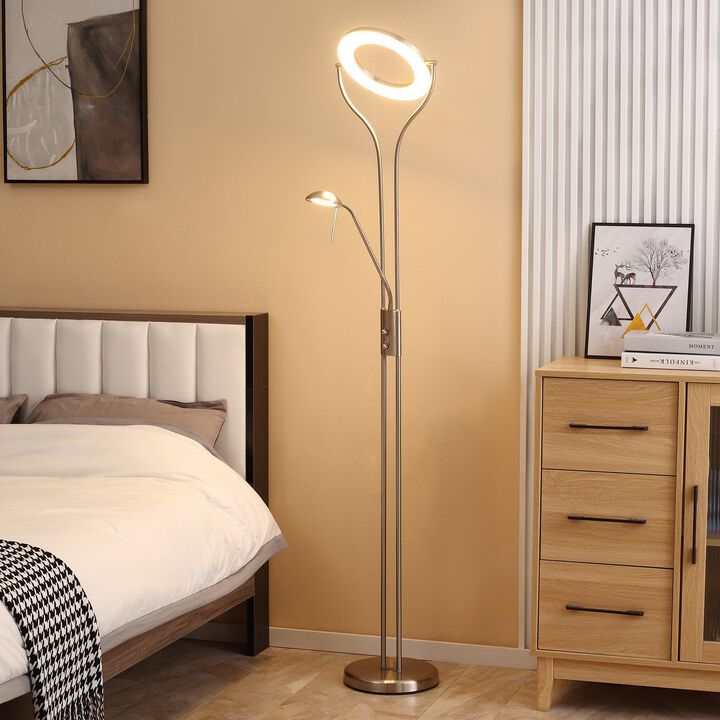 Modern LED Floor Lamp Height Adjustable, Bedroom Lamp with 350A° Rotatable Lampshade and Rotary Switch for Living Room, Silver