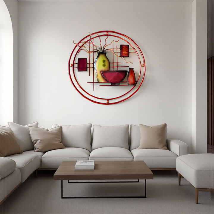22 Inch Round Metal Wall Decor With Vase, Multicolor