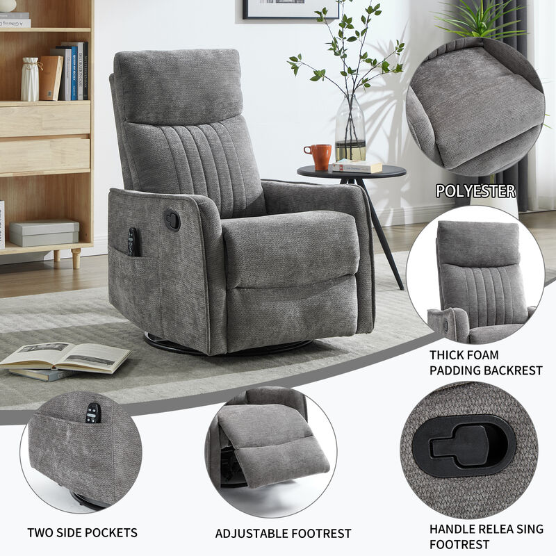 Heat Massage Manual Recliner Chair with Rocker and Swivel in Fabric for Living Room, Dark Grey