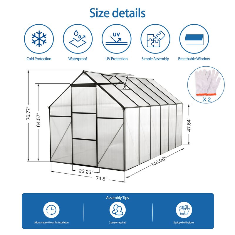 MONDAWE 6x12 FT Polycarbonate Greenhouse Raised Base and Anchor Aluminum Heavy Duty Walk-in Greenhouses for Outdoor Backyard