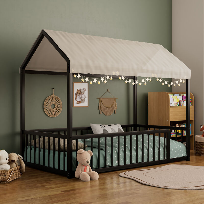 Merax Montessori Style Metal Floor Bed Frame, House Shaped Bed with Fence for Kids and Toddlers image number 3