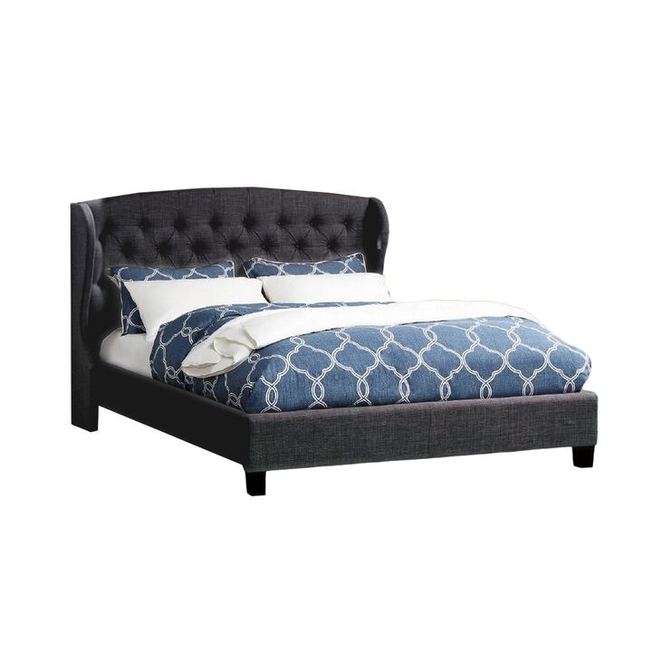 Jimi King Bed, Button Tufted Headboard, Charcoal Gray Polyester Upholstery - Benzara