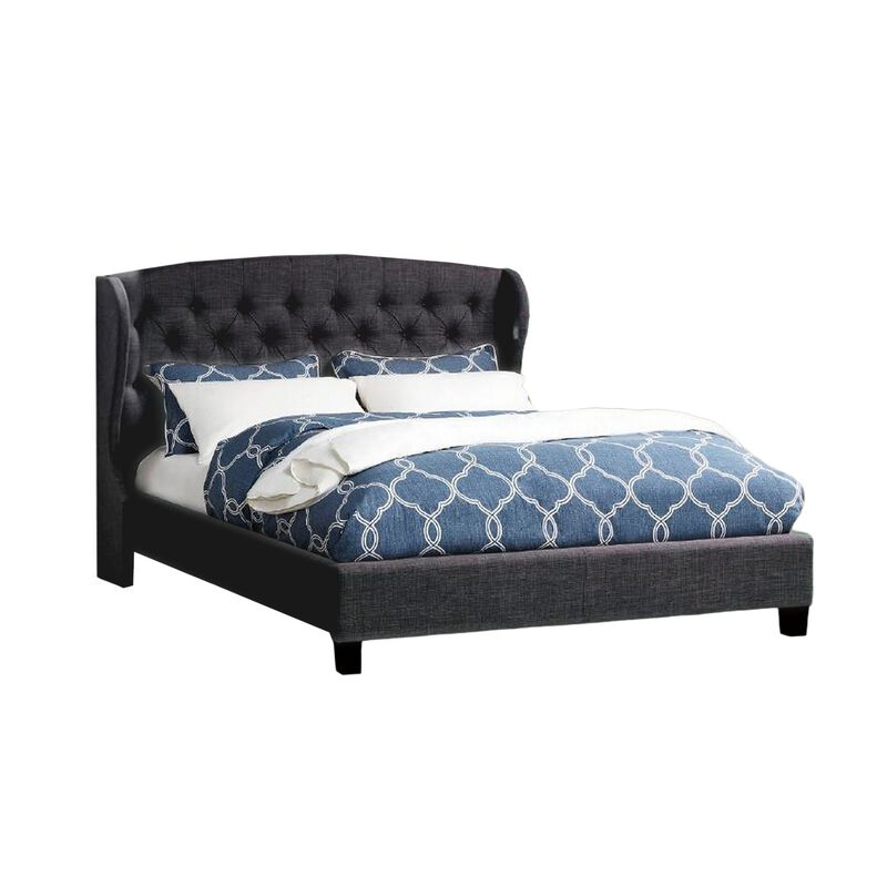 Jimi King Bed, Button Tufted Headboard, Charcoal Gray Polyester Upholstery - Benzara