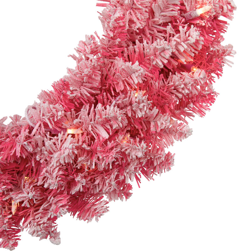 Pre-Lit Flocked Pink Artificial Christmas Wreath - 24-Inch  Clear Lights