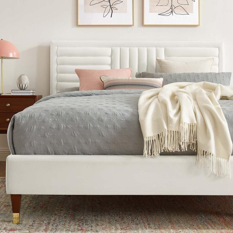 Modway Sofia Channel Tufted Performance Velvet Queen Platform Bed in White image number 7